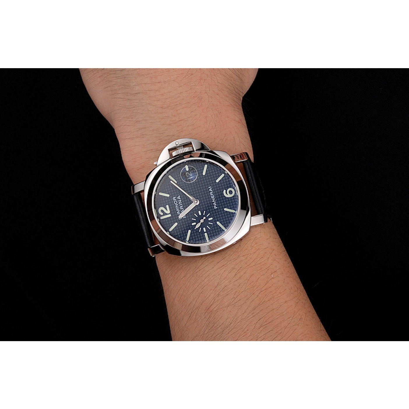 MiroTime Panerai Luminor Marina Date Black Hobnail Pattern Dial Stainless Steel Case Black Leather Strap