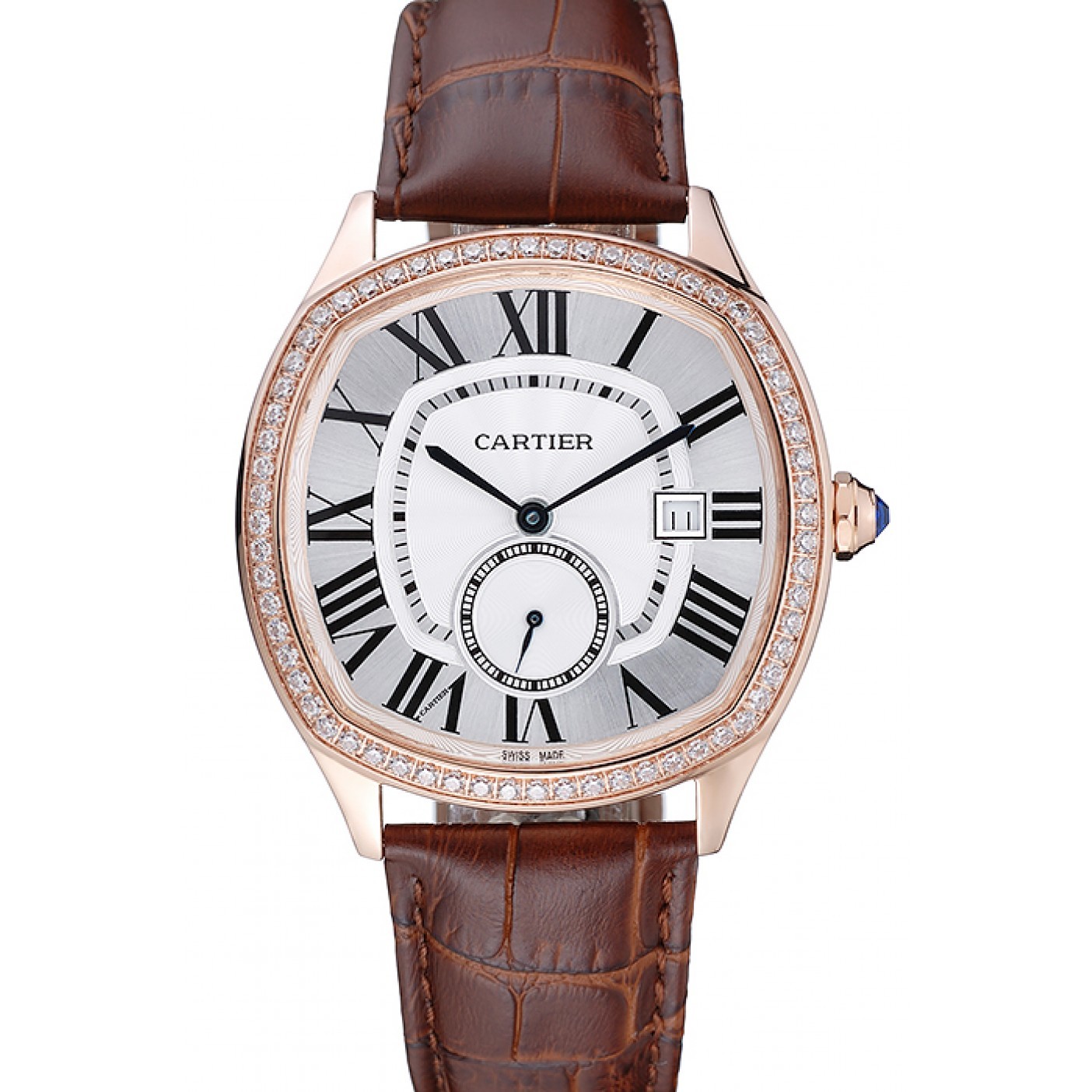 MiroTime Cartier Drive De Cartier White Dial Silver Diamond Case Brown Leather Bracelet 1454216