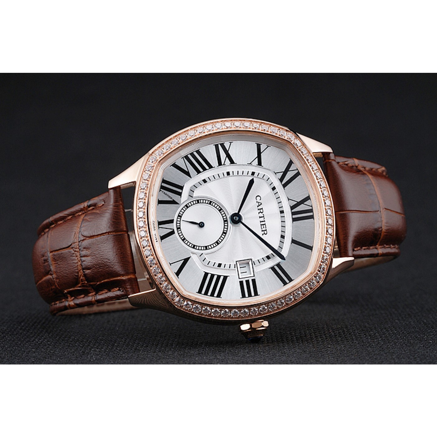 MiroTime Cartier Drive De Cartier White Dial Silver Diamond Case Brown Leather Bracelet 1454216