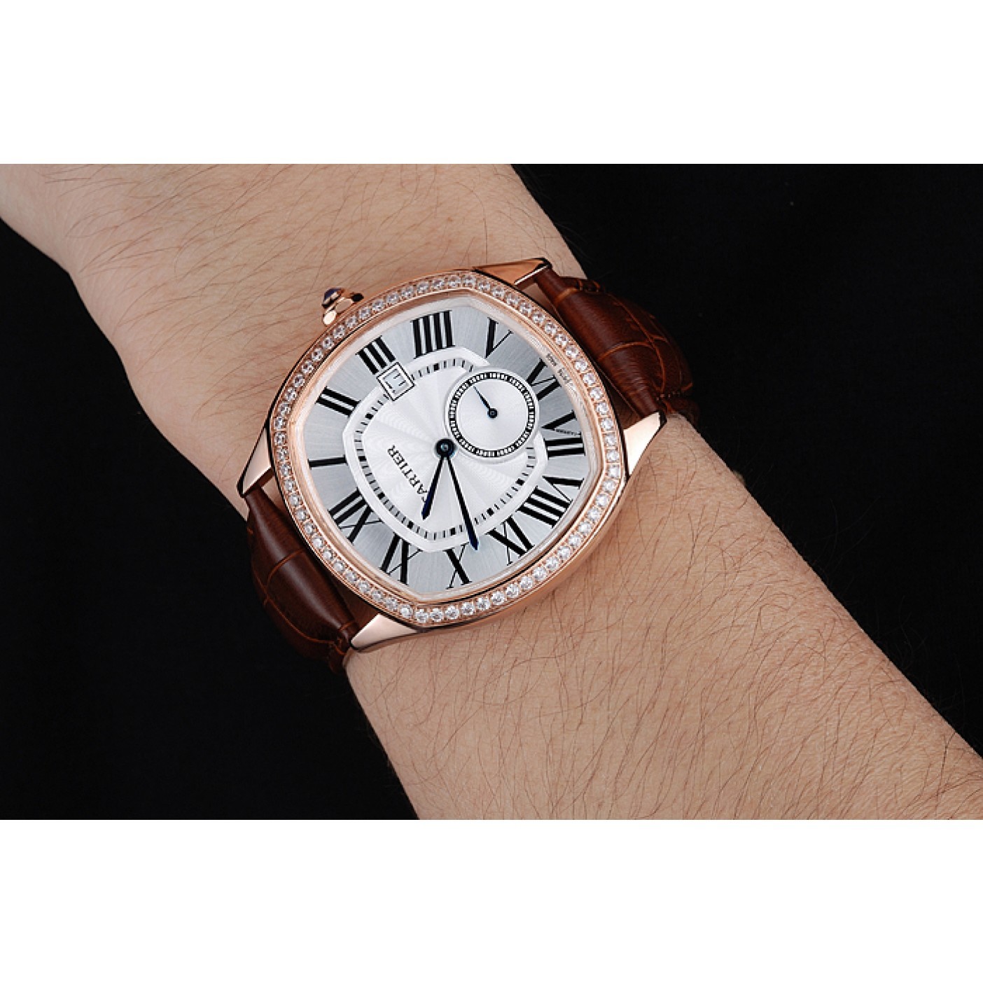 MiroTime Cartier Drive De Cartier White Dial Silver Diamond Case Brown Leather Bracelet 1454216