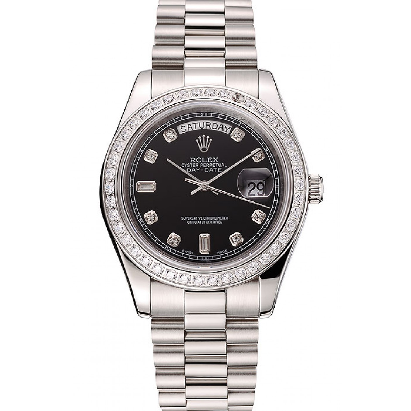 MiroTime Swiss Rolex Day-Date Black Dial Diamond Case Diamond Numerals Stainless Steel Bracelet 1453966