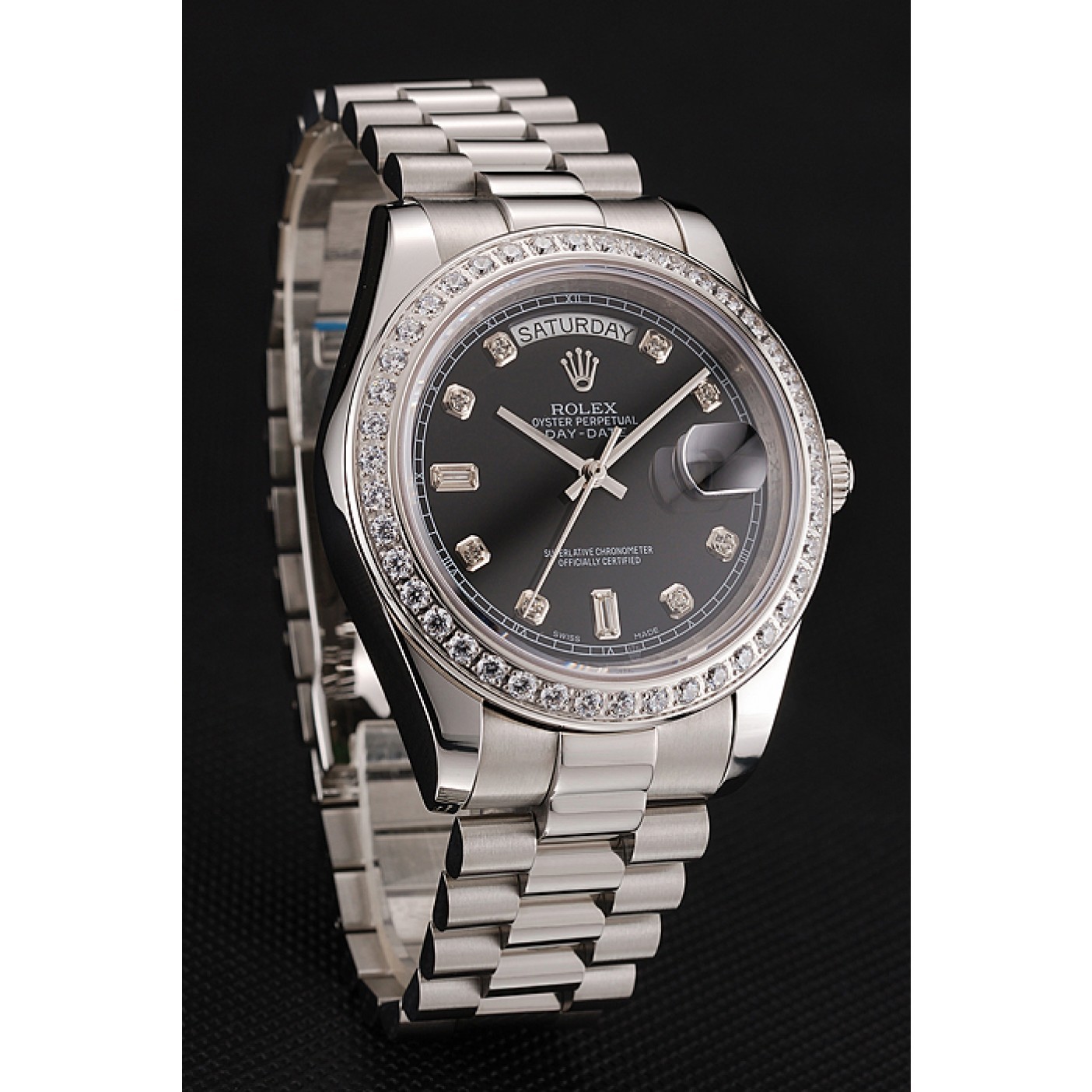 MiroTime Swiss Rolex Day-Date Black Dial Diamond Case Diamond Numerals Stainless Steel Bracelet 1453966