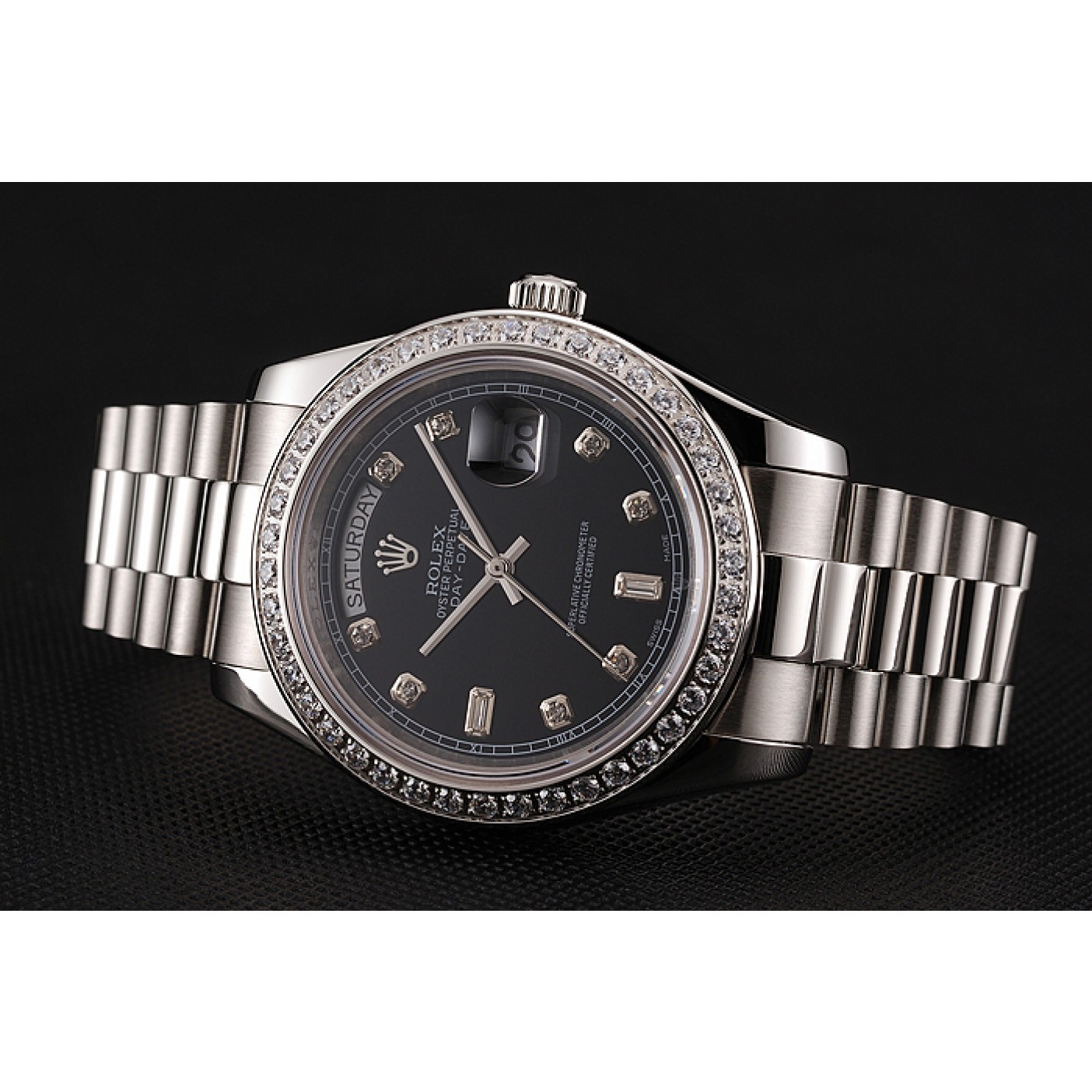 MiroTime Swiss Rolex Day-Date Black Dial Diamond Case Diamond Numerals Stainless Steel Bracelet 1453966