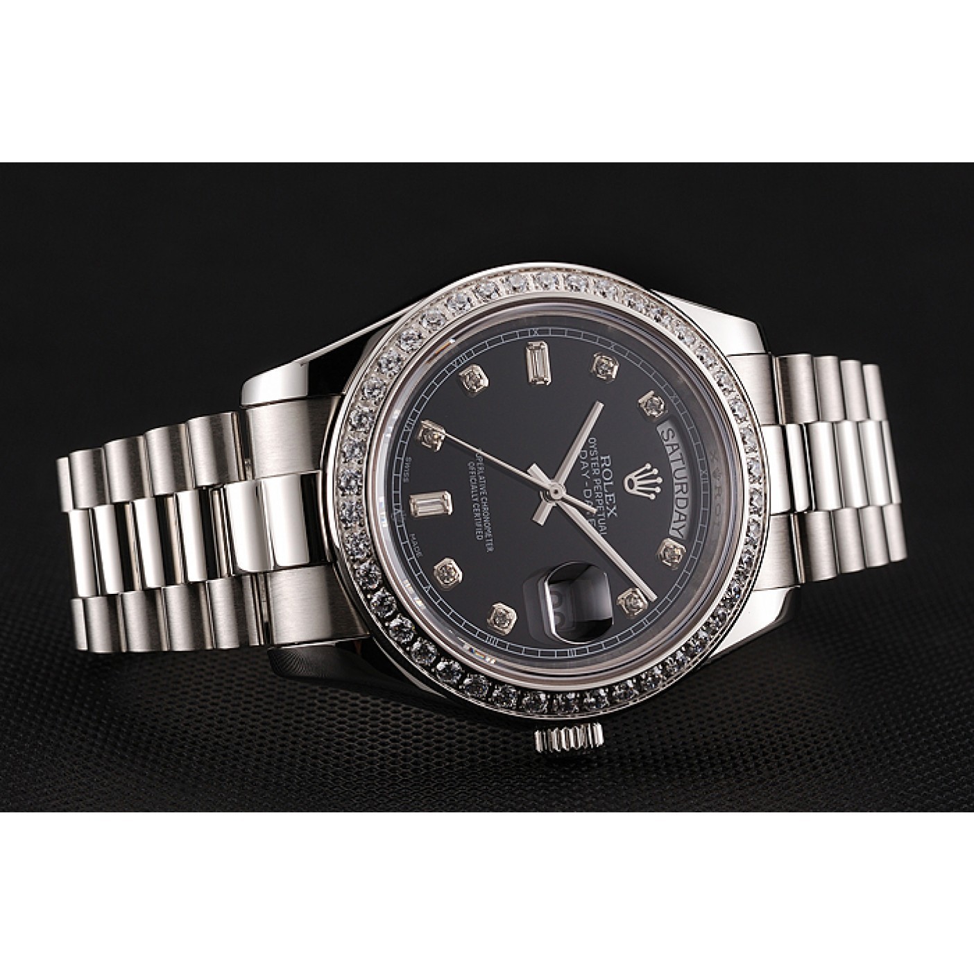MiroTime Swiss Rolex Day-Date Black Dial Diamond Case Diamond Numerals Stainless Steel Bracelet 1453966