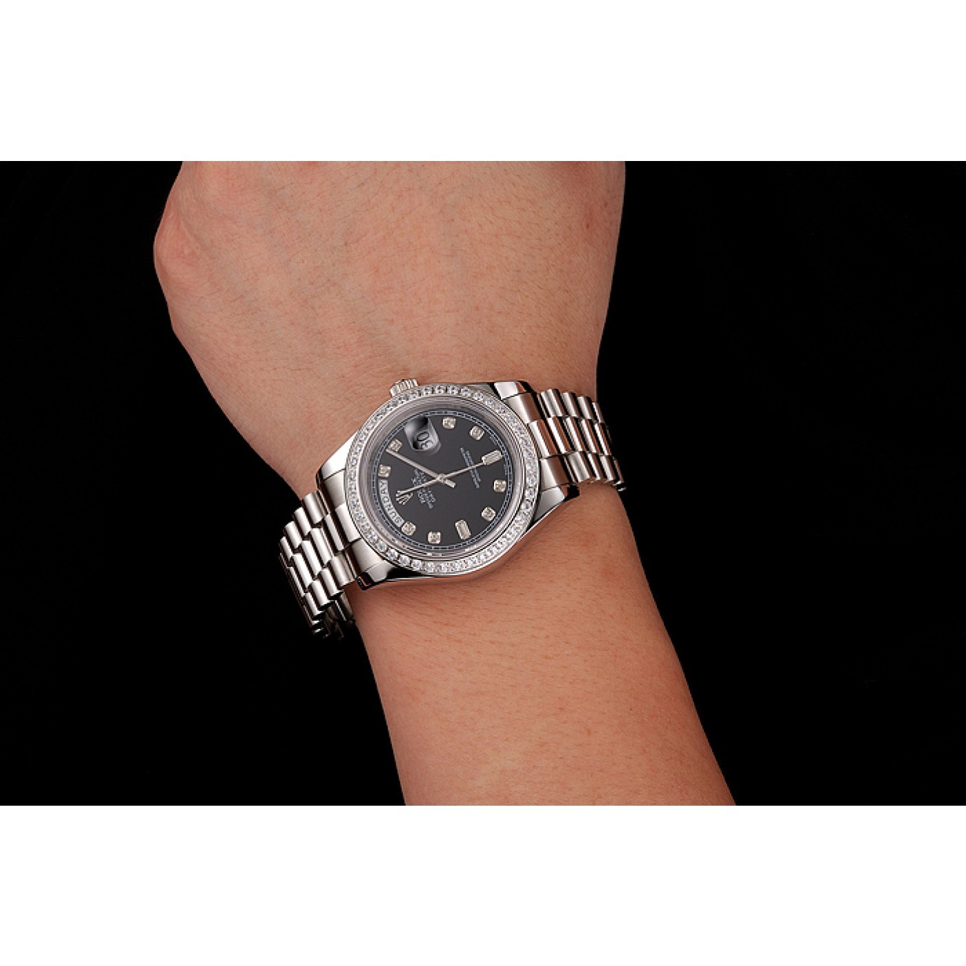 MiroTime Swiss Rolex Day-Date Black Dial Diamond Case Diamond Numerals Stainless Steel Bracelet 1453966