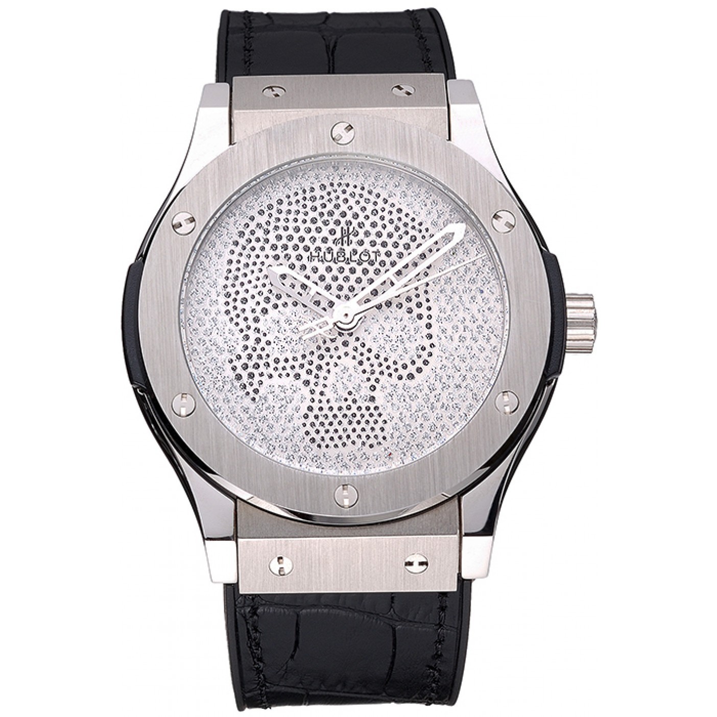 MiroTime Hublot Classic Fusion Diamond Skull Dial Stainless Steel Case Black Leather Strap 622814