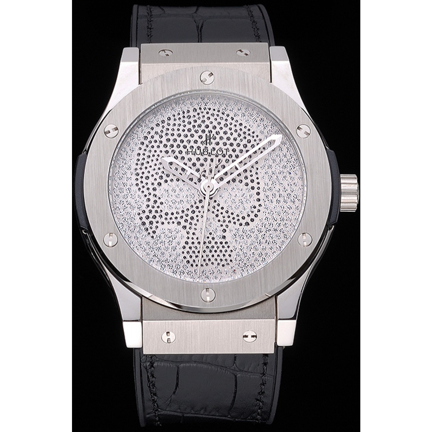 MiroTime Hublot Classic Fusion Diamond Skull Dial Stainless Steel Case Black Leather Strap 622814