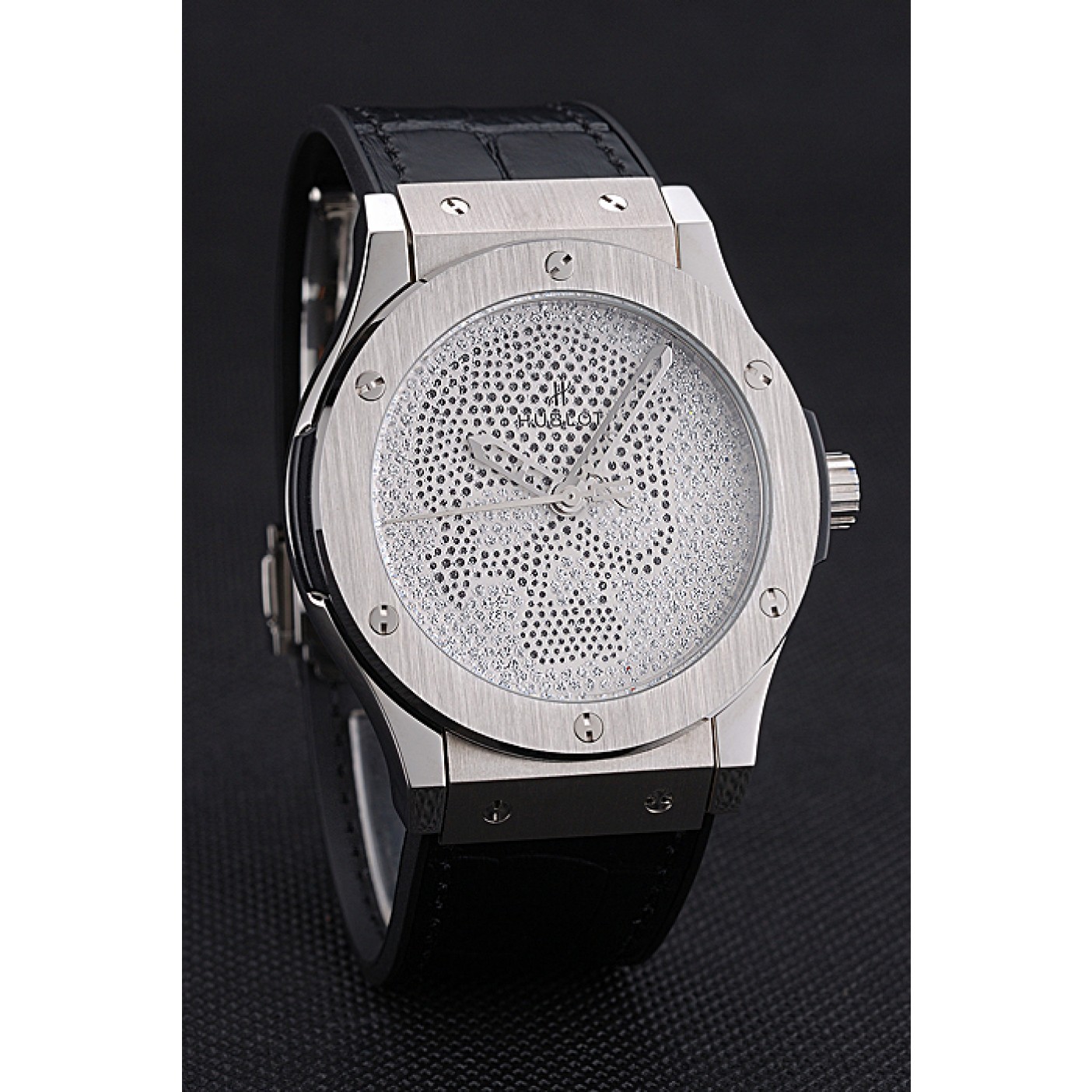 MiroTime Hublot Classic Fusion Diamond Skull Dial Stainless Steel Case Black Leather Strap 622814