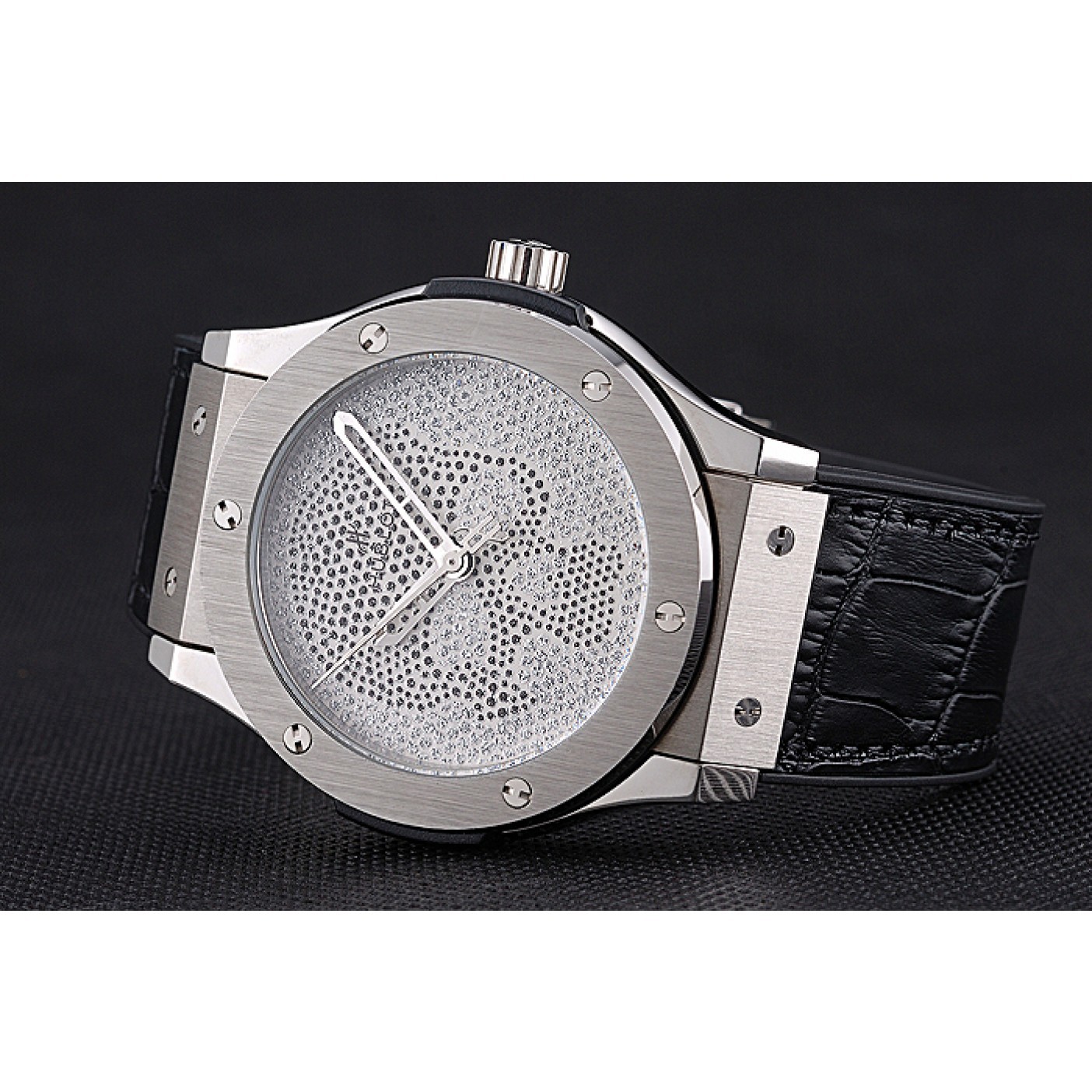 MiroTime Hublot Classic Fusion Diamond Skull Dial Stainless Steel Case Black Leather Strap 622814