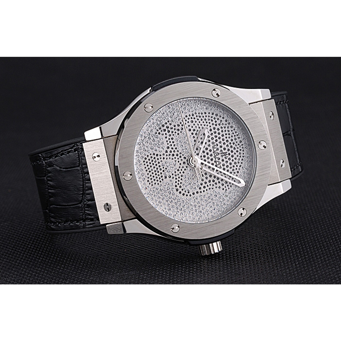 MiroTime Hublot Classic Fusion Diamond Skull Dial Stainless Steel Case Black Leather Strap 622814