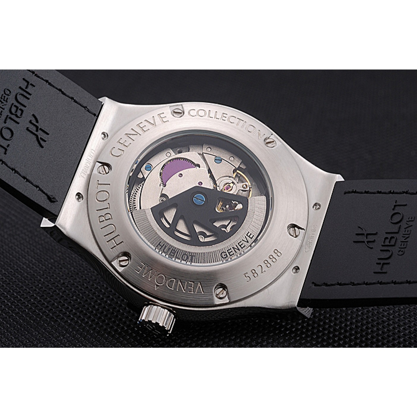 MiroTime Hublot Classic Fusion Diamond Skull Dial Stainless Steel Case Black Leather Strap 622814