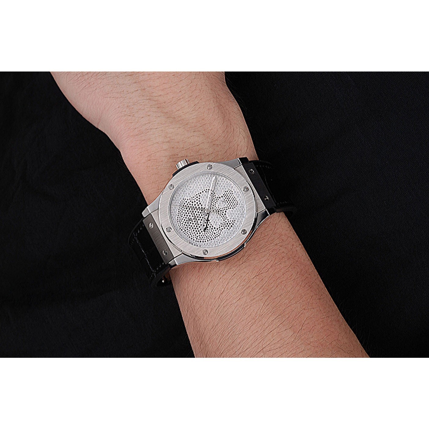MiroTime Hublot Classic Fusion Diamond Skull Dial Stainless Steel Case Black Leather Strap 622814