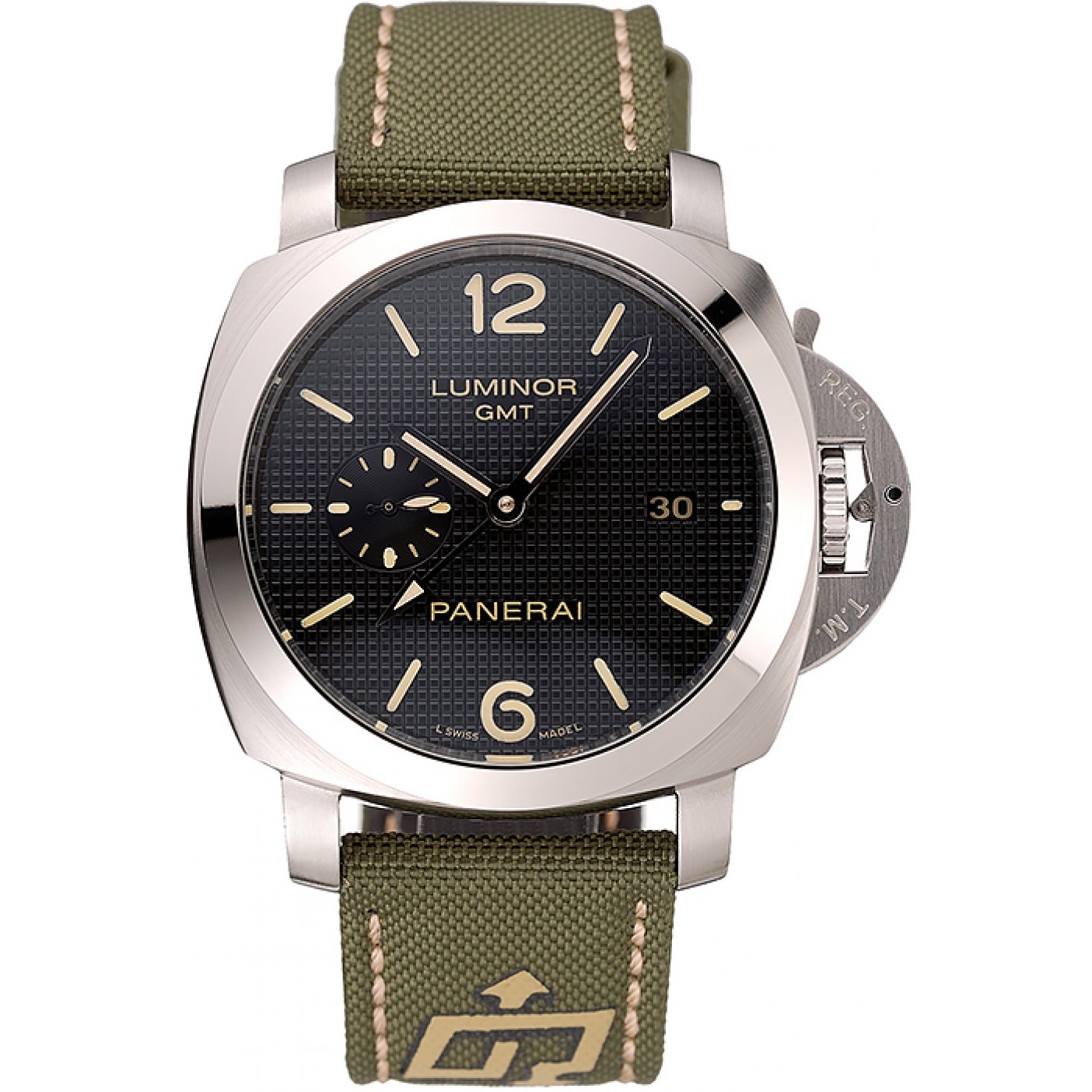 MiroTime Panerai Luminor 1950 3-Days GMT Silver Case Black Dial Green Bracelet 1454016