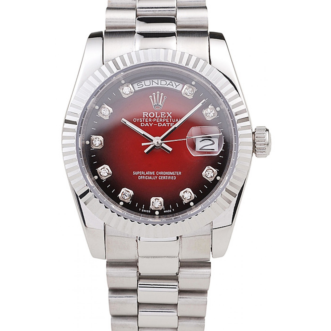 MiroTime Rolex Day-Date Polished Stainless Steel Two Tone Red Dial