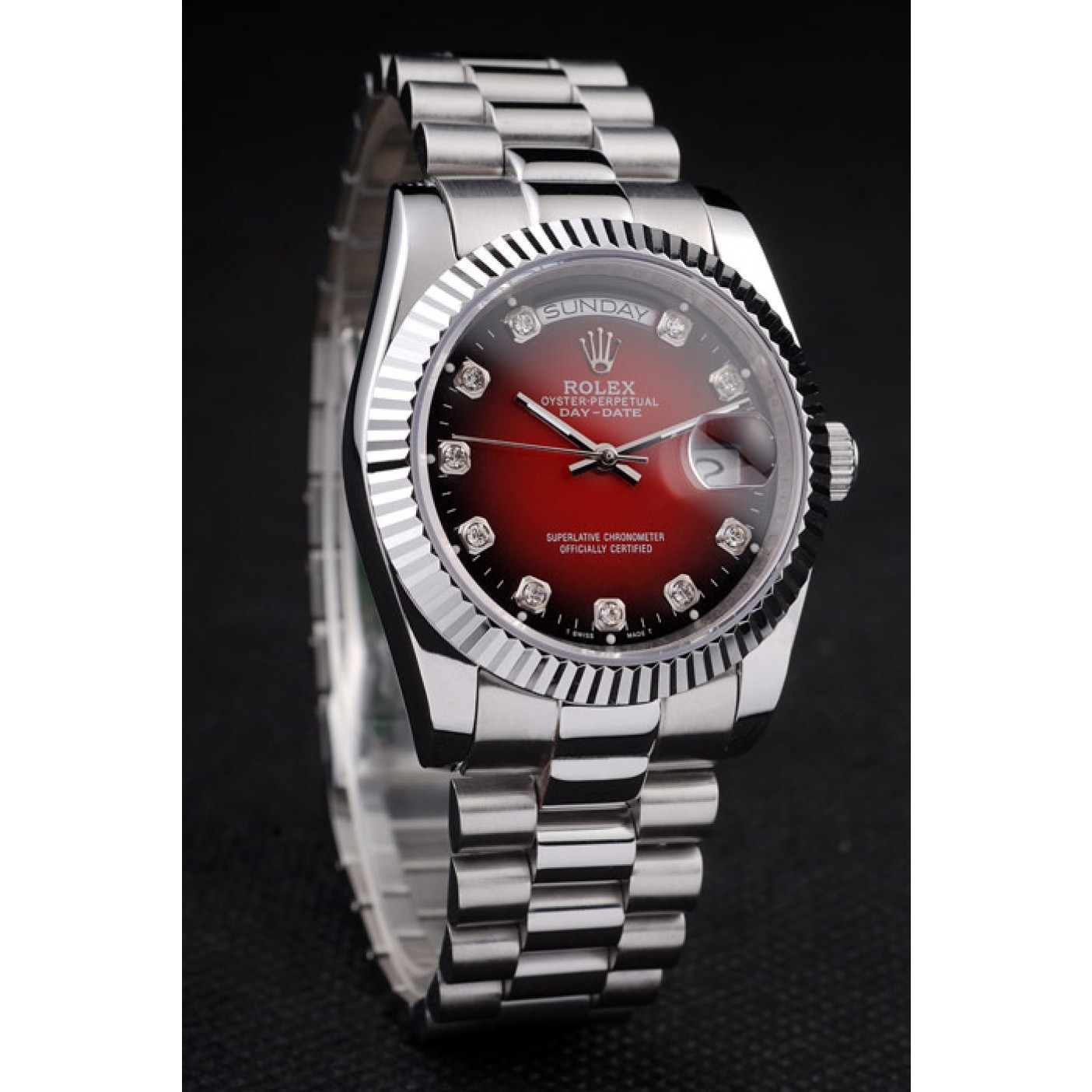 MiroTime Rolex Day-Date Polished Stainless Steel Two Tone Red Dial