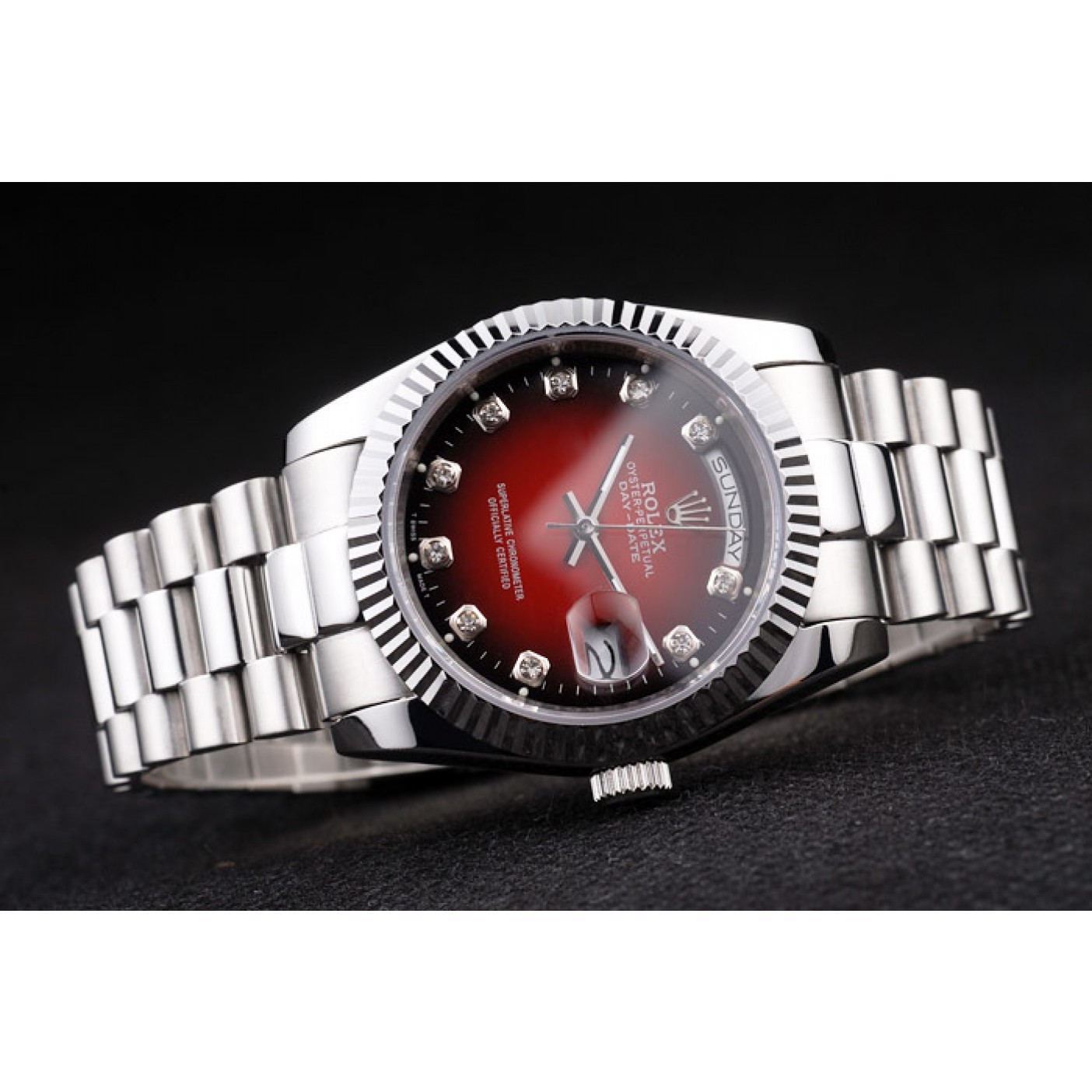 MiroTime Rolex Day-Date Polished Stainless Steel Two Tone Red Dial