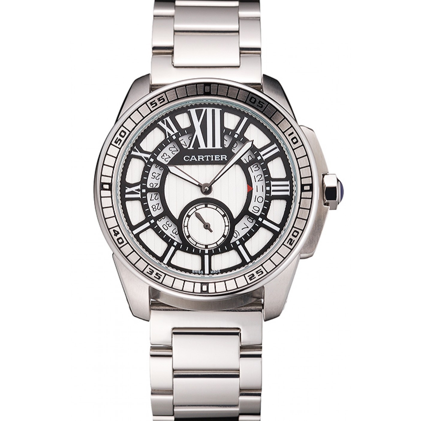MiroTime Cartier Calibre De Cartier Small Seconds Black And White Dial Stainless Steel Case And Bracelet