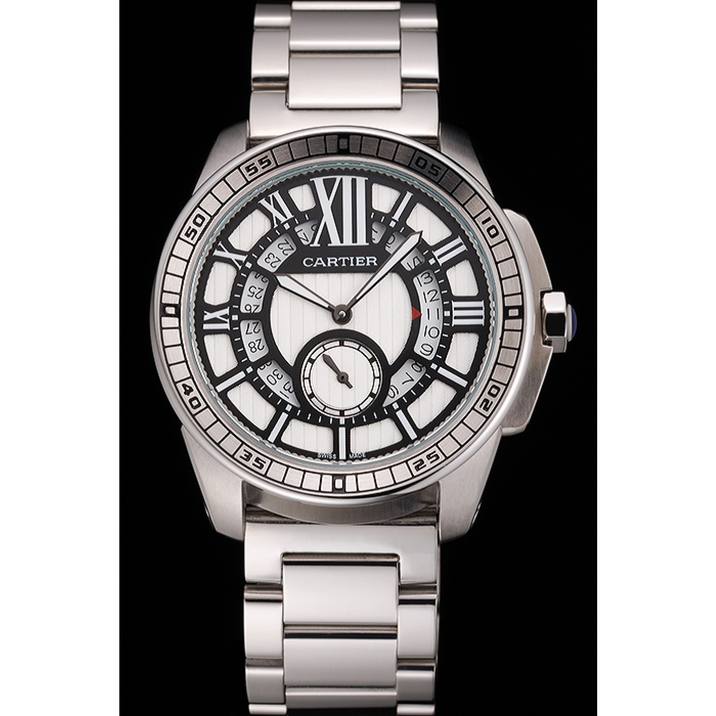 MiroTime Cartier Calibre De Cartier Small Seconds Black And White Dial Stainless Steel Case And Bracelet