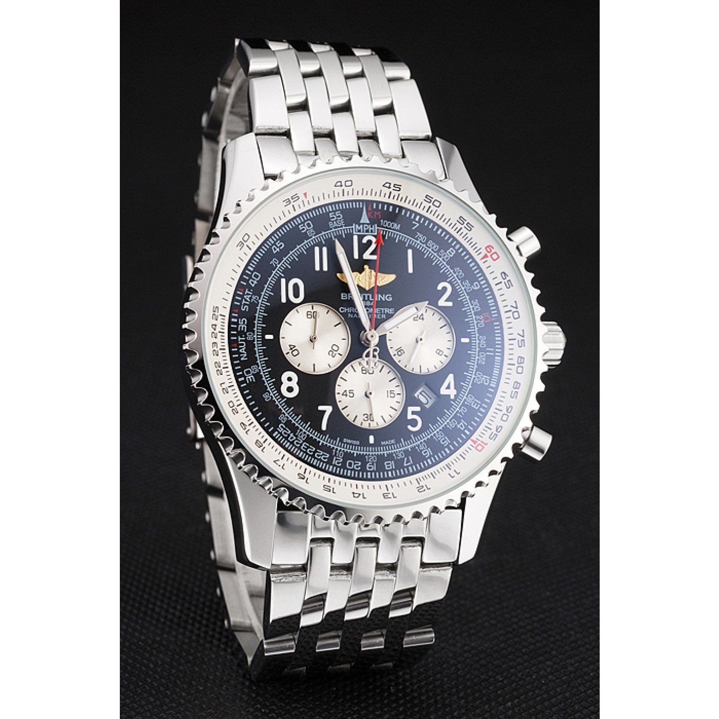 MiroTime Breitling Navitimer Black Dial White Subdials Stainless Steel Case And Bracelet