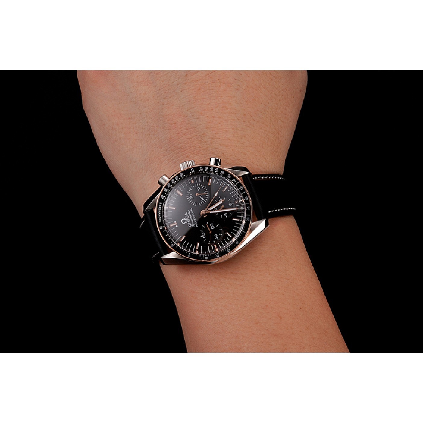 MiroTime Swiss Omega Speedmaster Professional Black Dial Gold Accents Black Leather Bracelet 1453937
