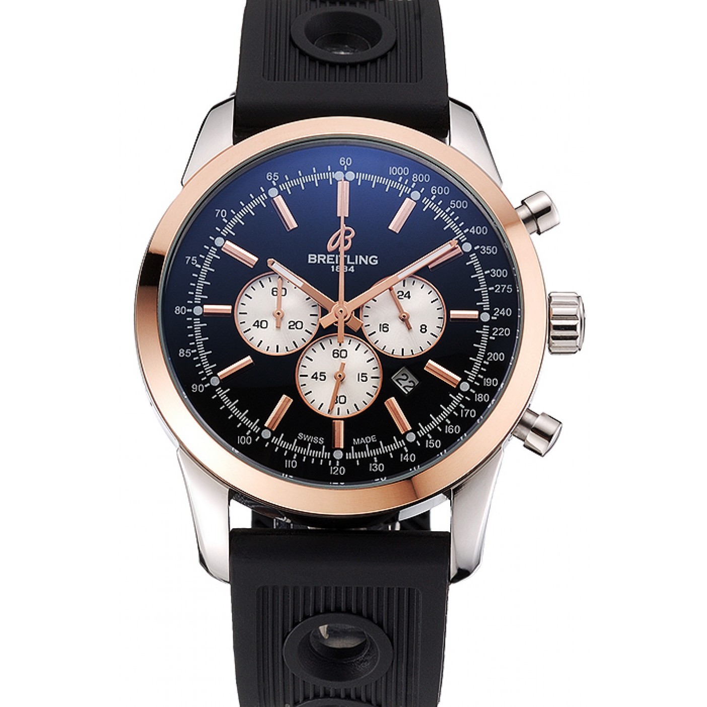 MiroTime Breitling Transocean Black Dial Black Rubber Strap Rose Gold Bezel 98208