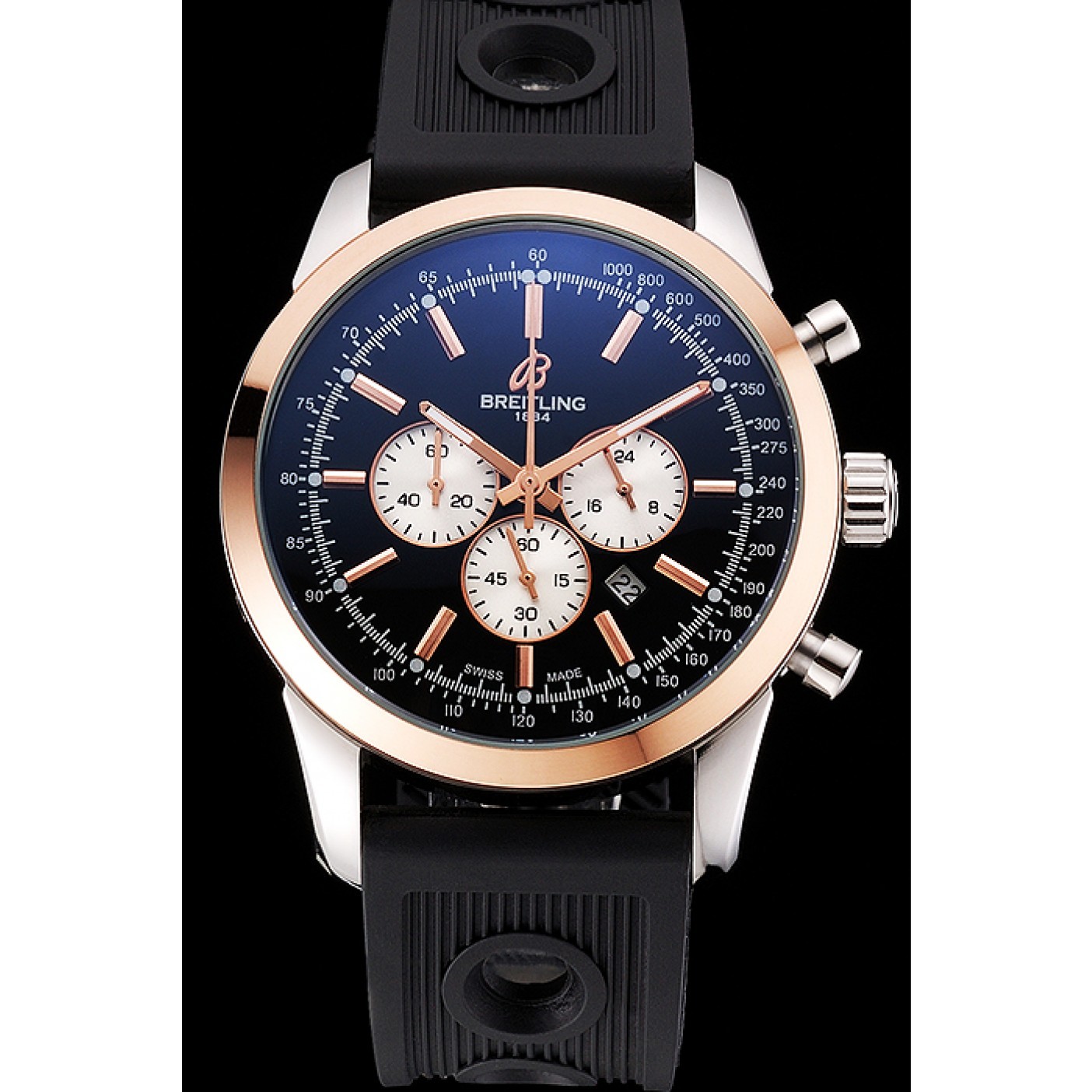 MiroTime Breitling Transocean Black Dial Black Rubber Strap Rose Gold Bezel 98208