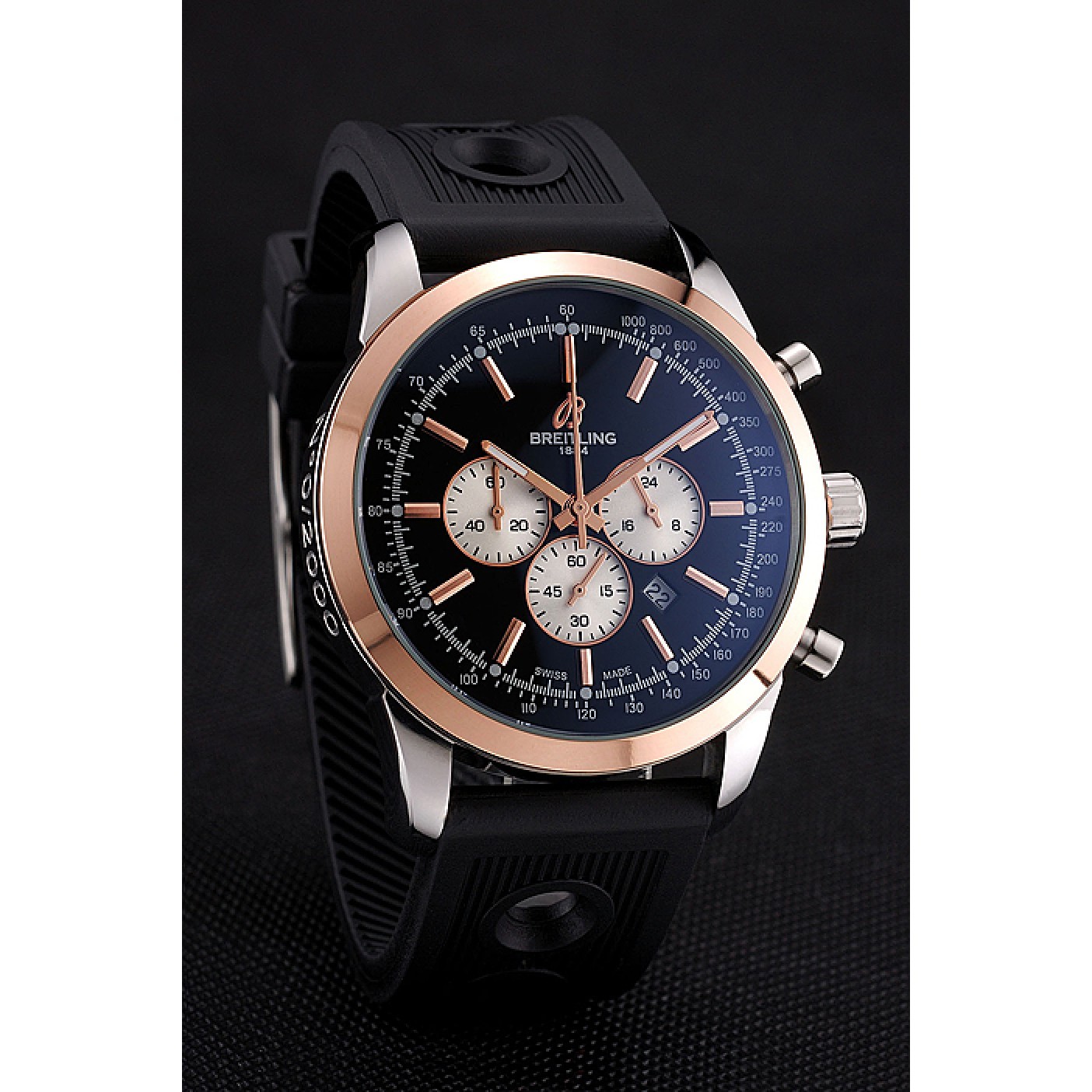 MiroTime Breitling Transocean Black Dial Black Rubber Strap Rose Gold Bezel 98208