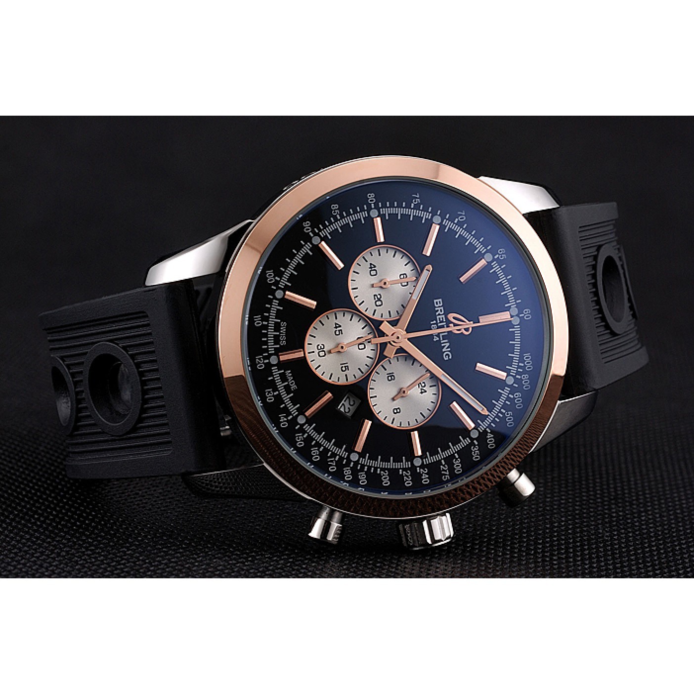 MiroTime Breitling Transocean Black Dial Black Rubber Strap Rose Gold Bezel 98208