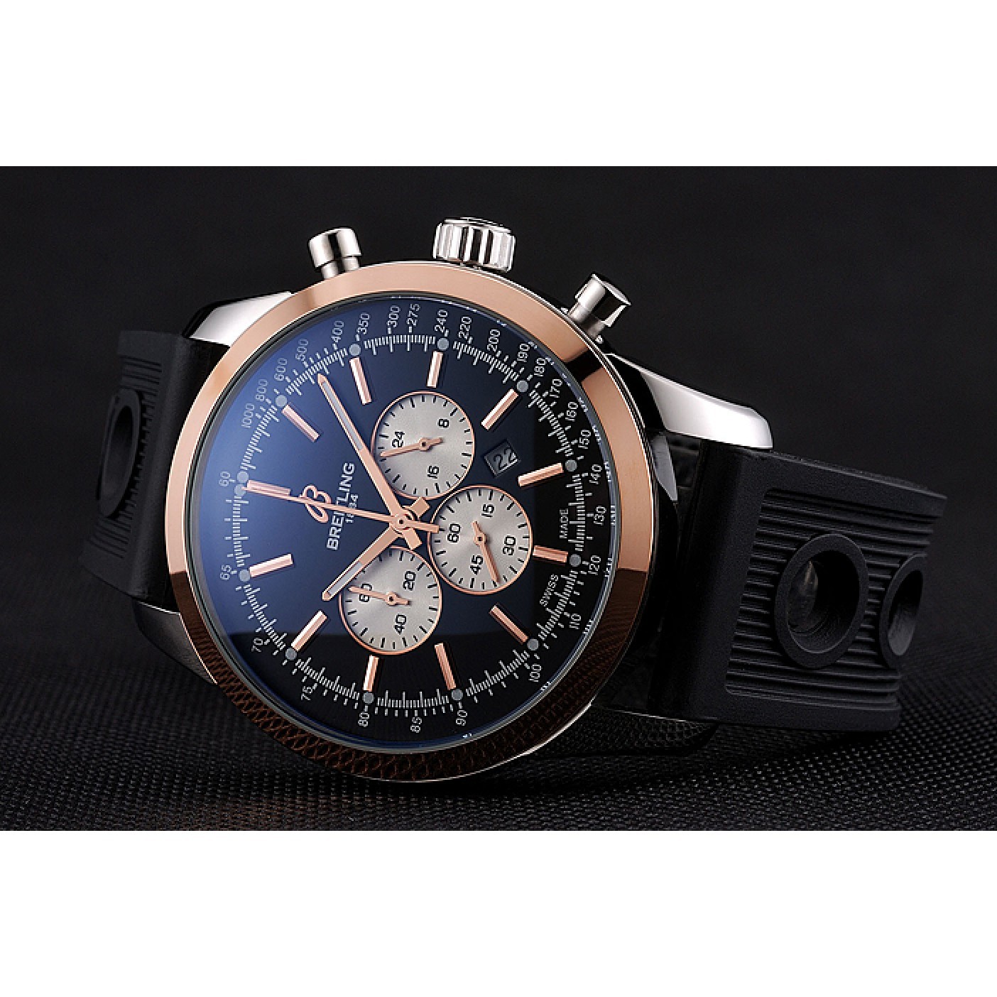MiroTime Breitling Transocean Black Dial Black Rubber Strap Rose Gold Bezel 98208