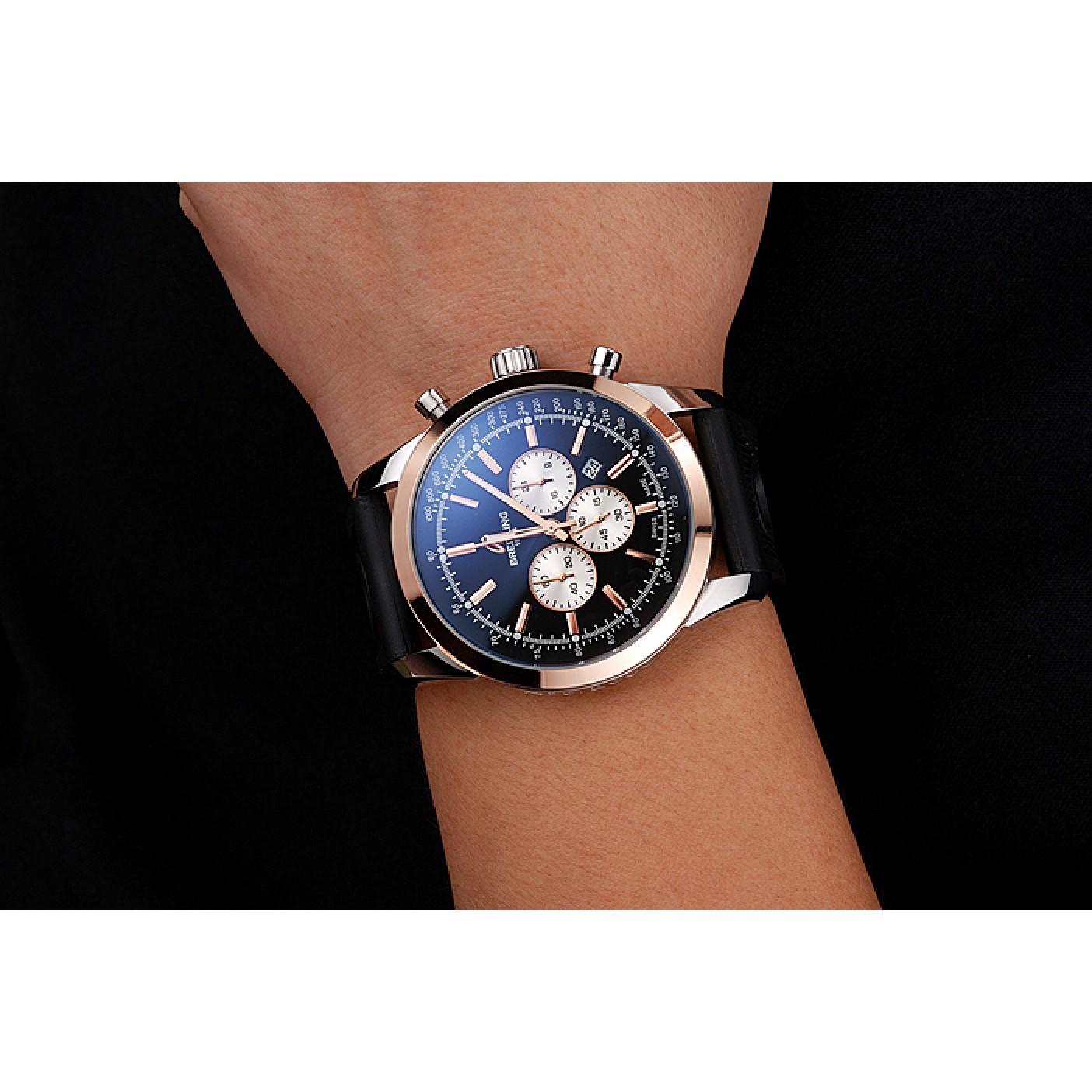 MiroTime Breitling Transocean Black Dial Black Rubber Strap Rose Gold Bezel 98208